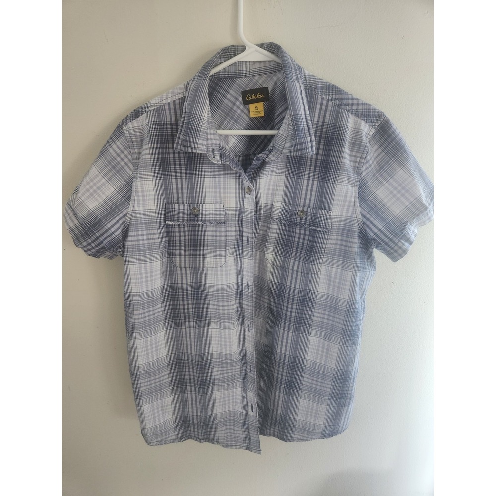 Cabela's Women's XL Blue Gray Plaid Short Sleeve Hiking Shirt Button Up Pockets